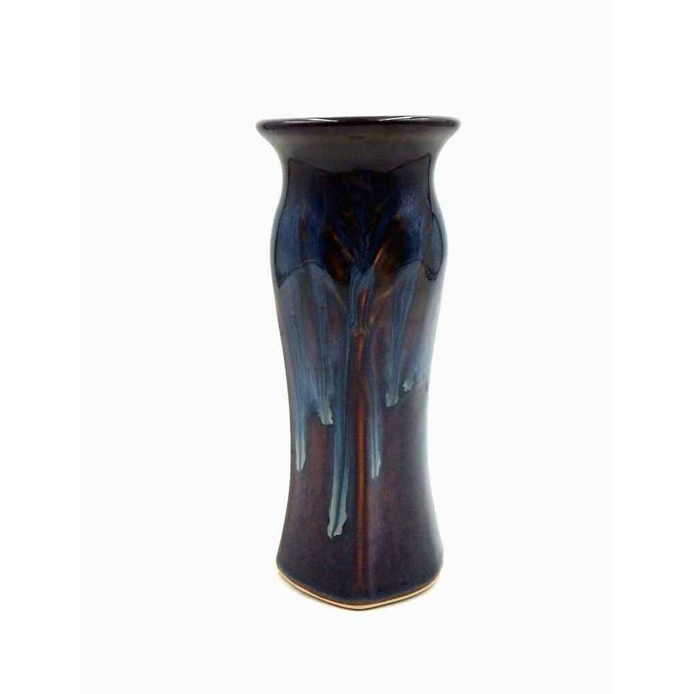 Bill Campbell Studio Art Pottery Lotus Vase Drip Glaze 7” Signed Blues Browns